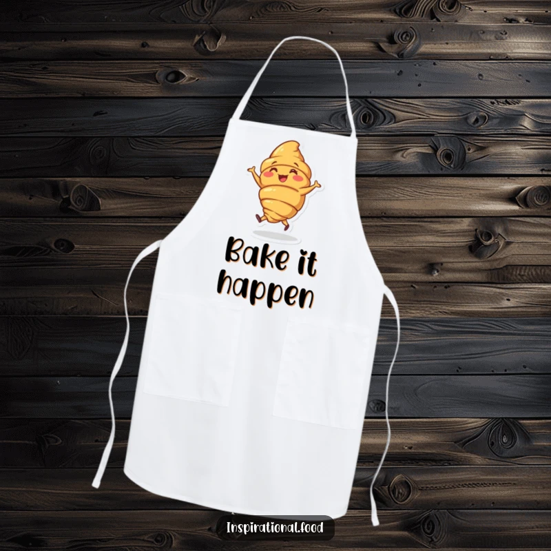 Funny apron featuring a joyous croissant character doing a little jig, perfect for kitchen tasks with humor.