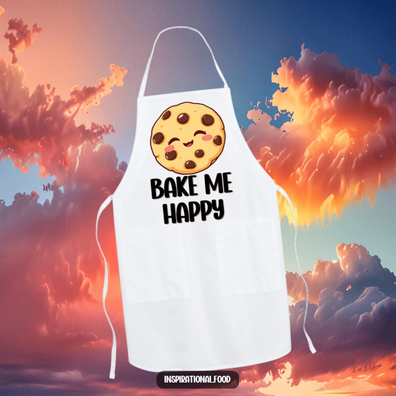 Funny apron with a delighted chocolate chip cookie winking playfully, perfect for adding humor to the kitchen.