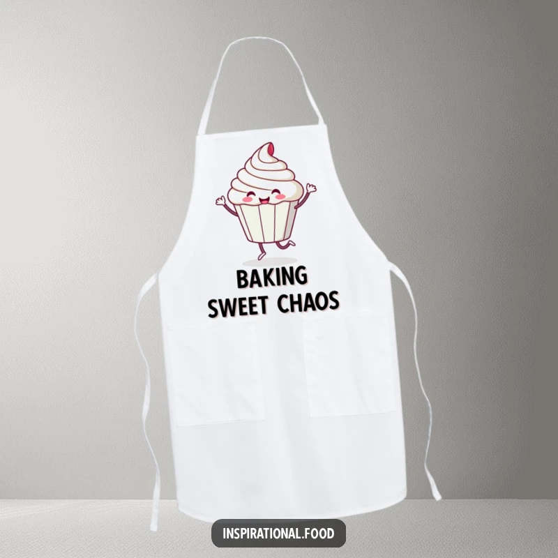 Funny apron featuring a playful cupcake character doing a happy, sugary dance, perfect for a festive baking experience.