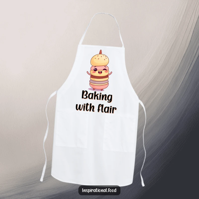 Funny apron with a cheerful macaron tower in a delighted, wobbly spin, ideal for humorous baking and kitchen fun.