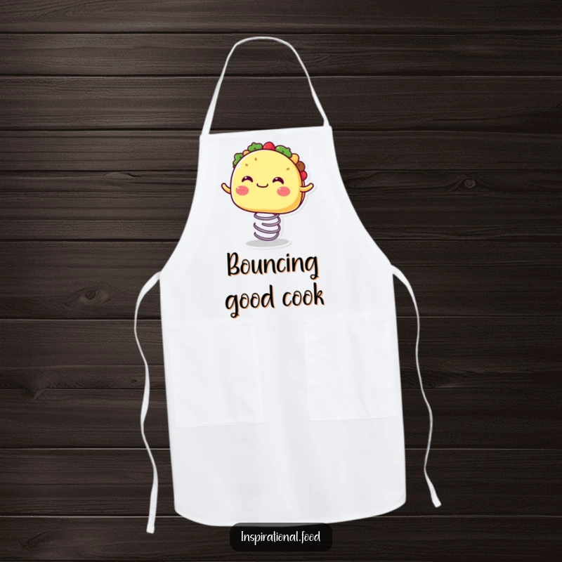 Funny apron depicting a joyful taco character with a wide mouth, bouncing on a spring during kitchen activities.