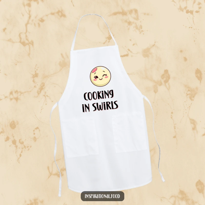 Funny macaron character apron, winking with a happy expression, creating swirling patterns, perfect for adding humor and sweetness to cooking.