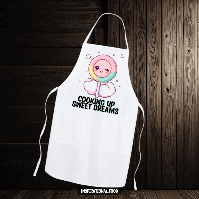 Funny apron illustrated with a dreamy lollipop character floating on a cotton candy cloud, ideal for sweet kitchen adventures.