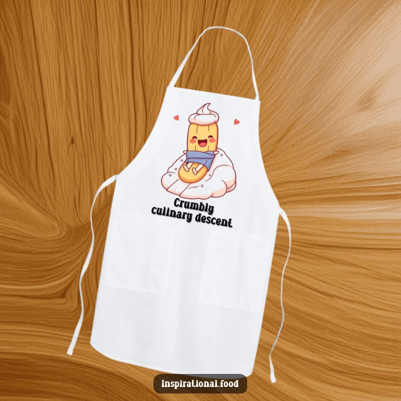 Funny apron depicting a baguette character gleefully sliding down a large meringue mountain, perfect for bakers and food lovers.
