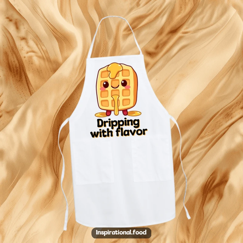 Funny apron showcasing a smiling waffle character with syrup dripping, designed for sweet and joyful cooking.