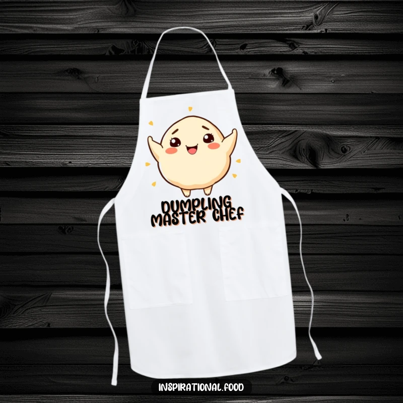 Funny apron showcasing a smiling dumpling character bursting with artistic food ideas, perfect for creative cooking.