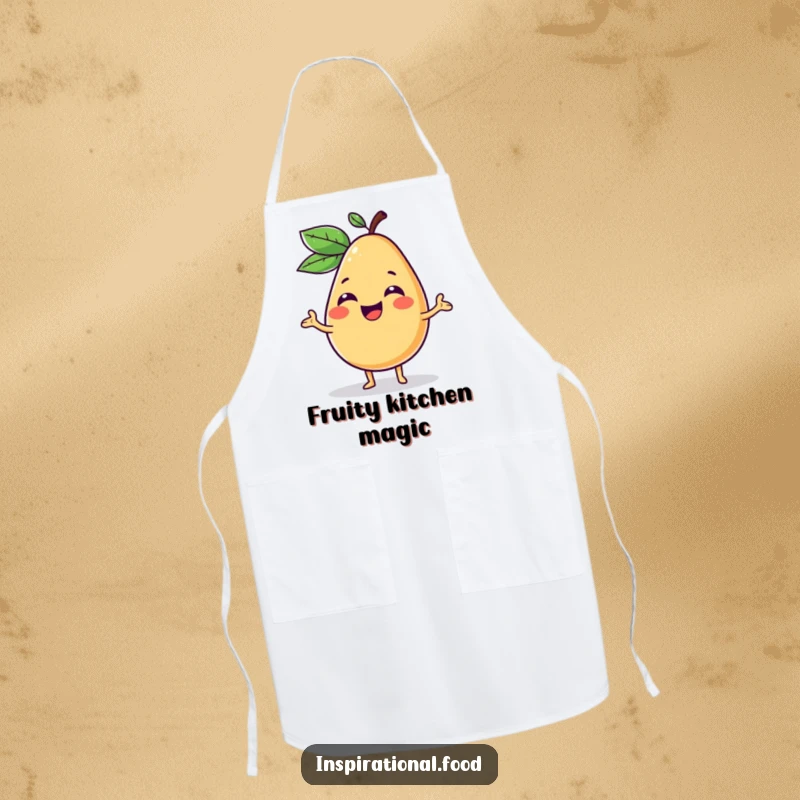Funny apron showcasing a giggling fruit character presenting a vibrant, imaginative food concept, perfect for creative cooking.