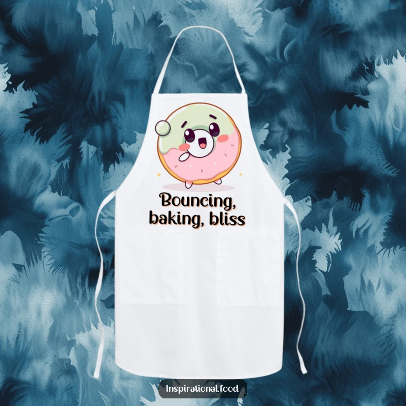 Funny apron depicting a cheerful donut character with a surprised expression, bouncing a ball while cooking.