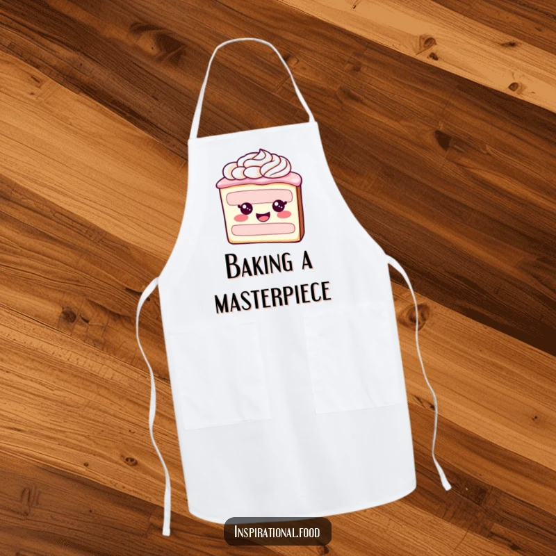 Funny apron illustrated with a cheerful slice of cake and artistic frosting swirls, ideal for adding humor to baking.