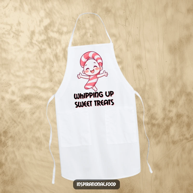 Funny candy cane apron featuring a smiling character joyfully twirling, perfect for adding festive flair to holiday cooking and baking.