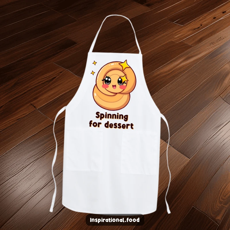 Funny caramel swirl apron with a stylized character with starry eyes spinning, great for kitchen or baking.
