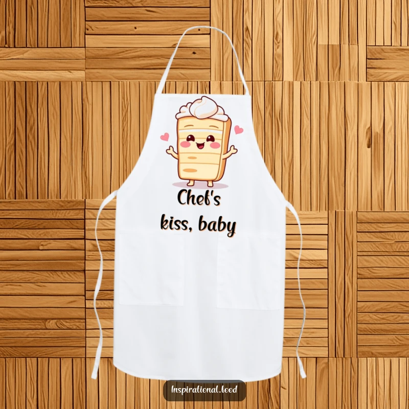 Funny apron with a giggling cake character sharing a delightful recipe, perfect for keeping clean while baking.