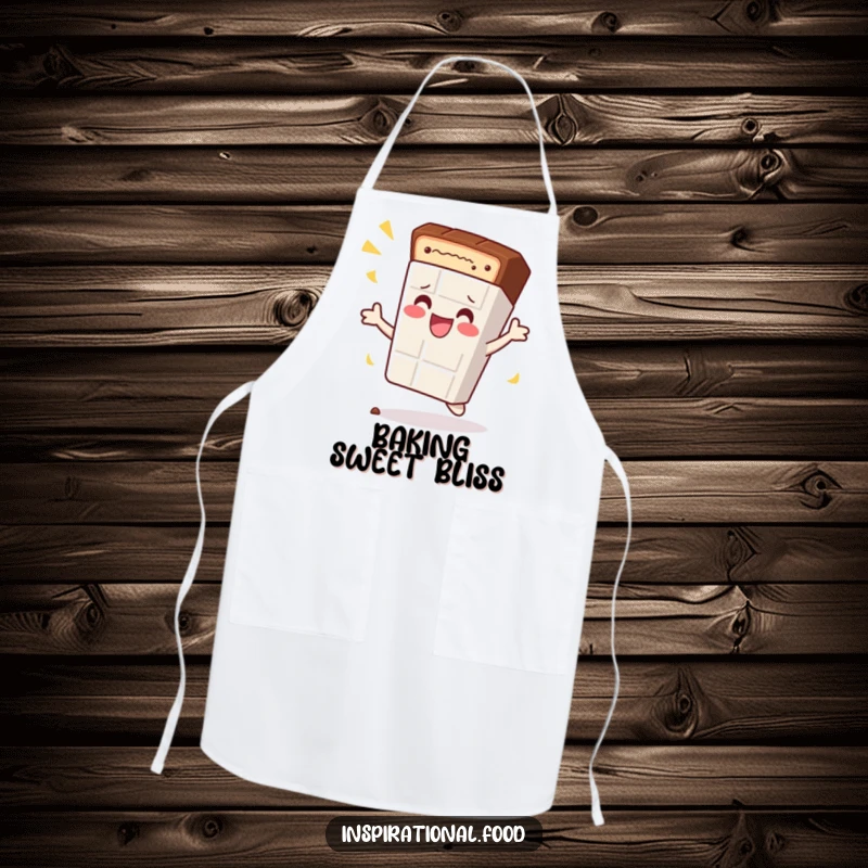 Funny apron featuring a content chocolate bar character doing a celebratory spin, perfect for a sweet baking experience.