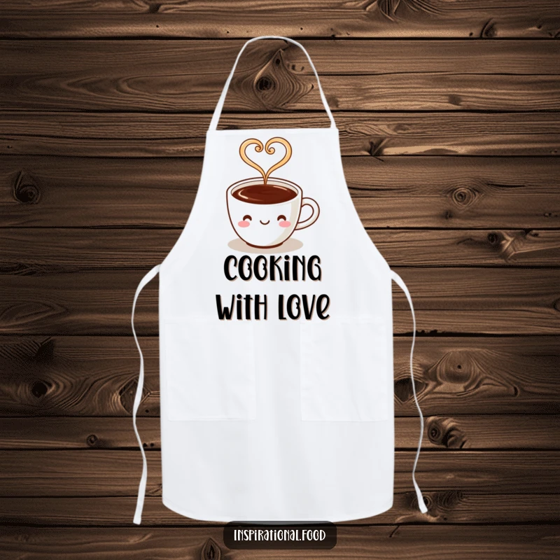 Funny apron showcasing a coffee cup character with steam forming a heart, designed for warm and loving cooking.