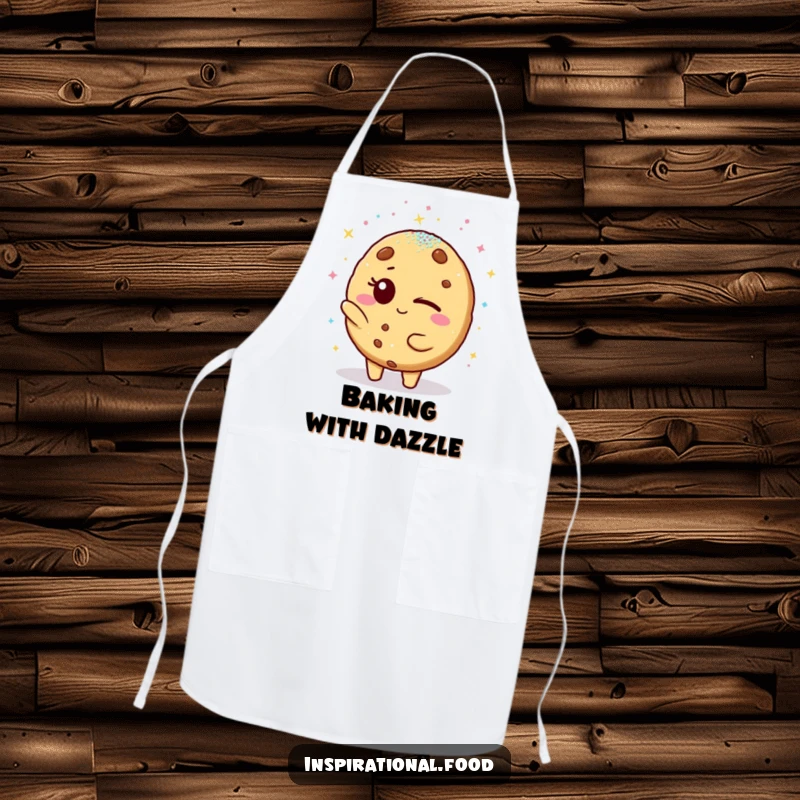 Funny apron: A winking cookie character playfully showers a friend with edible glitter while someone cooks, adding humor to the kitchen.