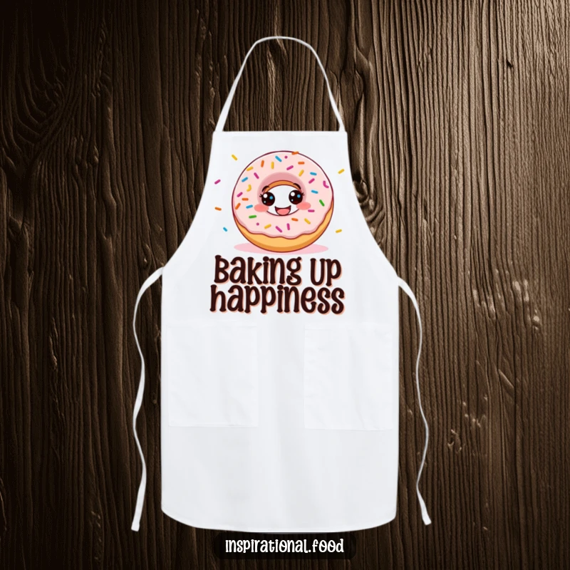 Funny donut apron featuring a grinning character scattering colorful sprinkles, ideal for chefs who love to add humor to cooking.