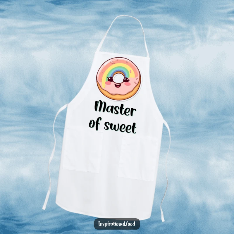 Funny apron featuring a joyful doughnut character with a vibrant rainbow glaze, designed for happy cooking and baking.