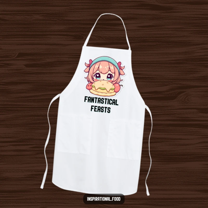 Funny apron with a character with wide eyes marveling at a fantastical food creation, perfect for kitchen magic.