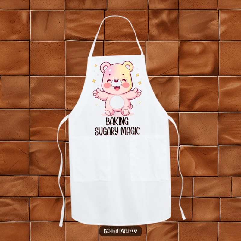 Funny apron featuring a joyful gummy bear character juggling sparkling sugar crystals, perfect for a fun cooking experience.