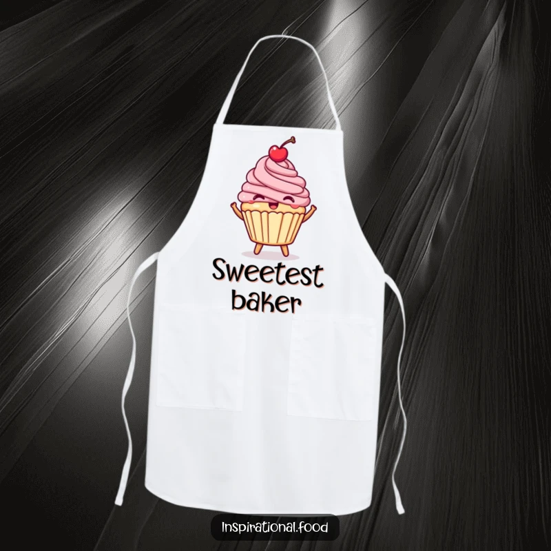 Funny happy cupcake apron, a bouncing dessert with a cherry, cute and humorous kitchen wear.