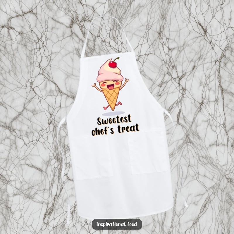 Funny ice cream cone apron, laughing and doing a silly hop with a bouncing cherry, perfect for cooking, funny gift.