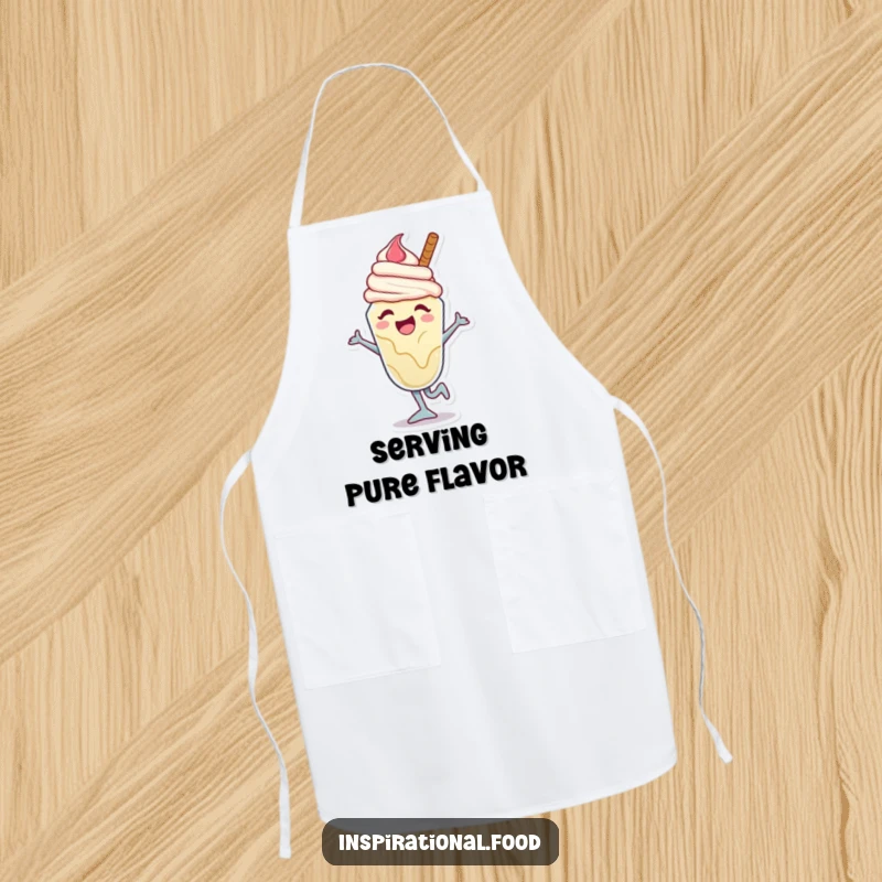 Funny ice cream sundae apron with a joyful character caught mid-dance move, perfect for adding a fun and sweet touch to kitchen activities.
