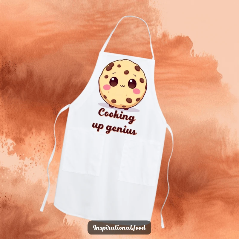 Funny Apron with a beaming cookie character, wide chocolate chip eyes suggesting a flood of delicious and creative recipe ideas.