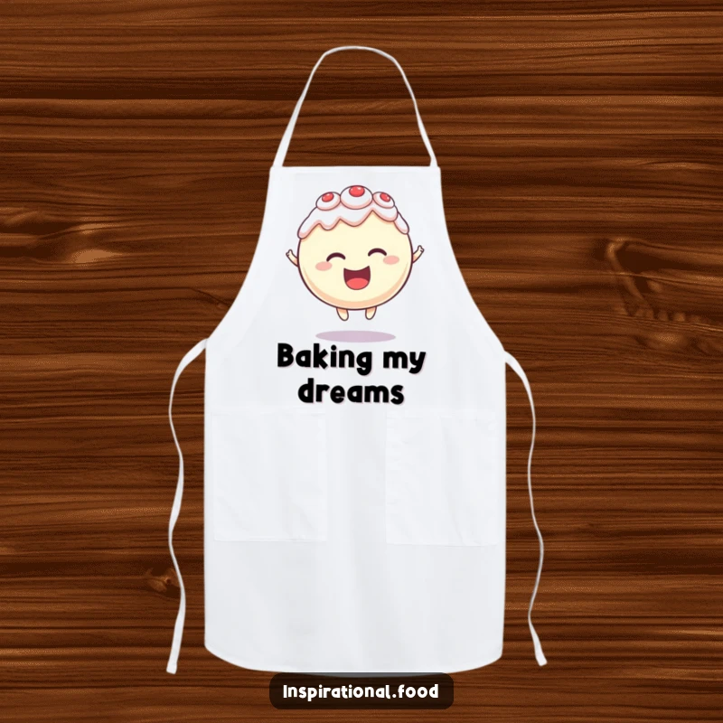 Funny apron featuring a round cake character levitating with a delighted expression, ideal for cooking with sweet, magical fun.