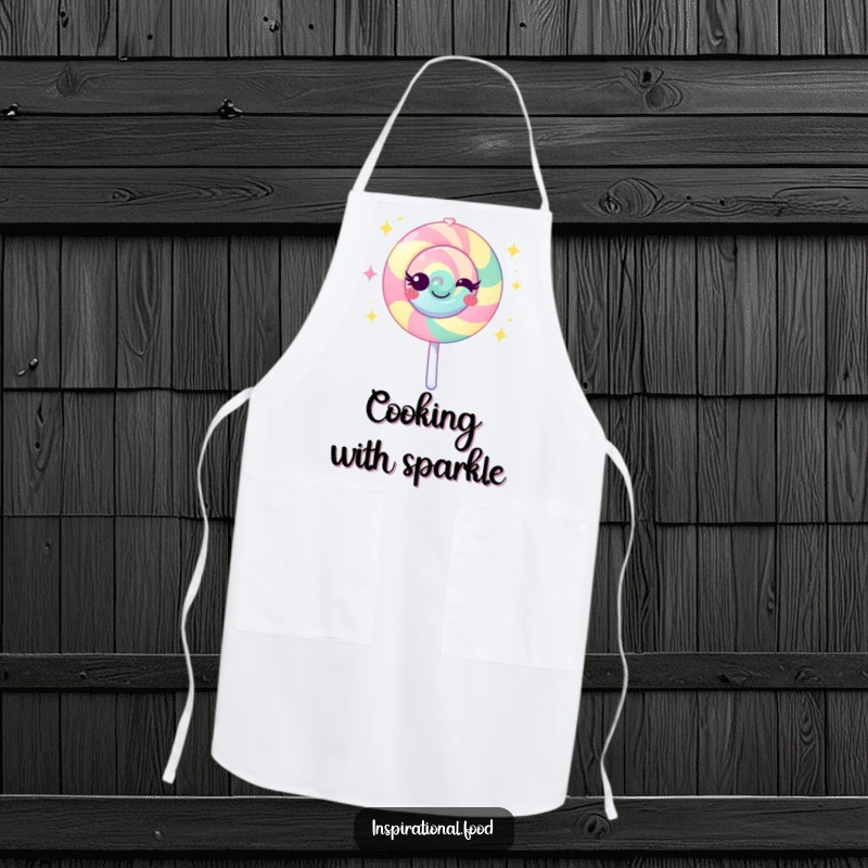 Funny lollipop apron featuring a vibrant character emanating sweet sparkles, ideal for adding a playful and sweet touch to kitchen wear.