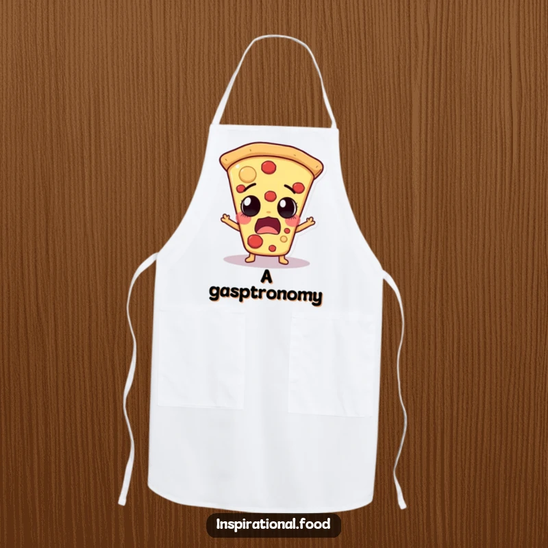 Funny pizza slice character with an astonished expression on a kitchen apron, ideal for chefs and pizza enthusiasts.