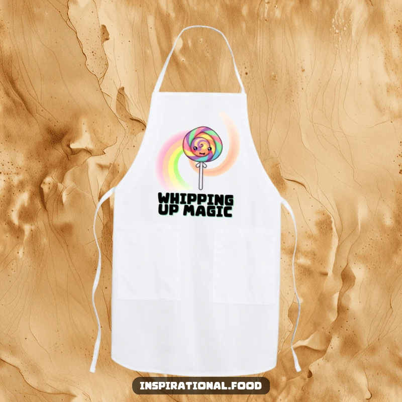 Funny Apron with a happy lollipop character artistically creating a swirling rainbow, perfect for adding cheer to kitchen activities.