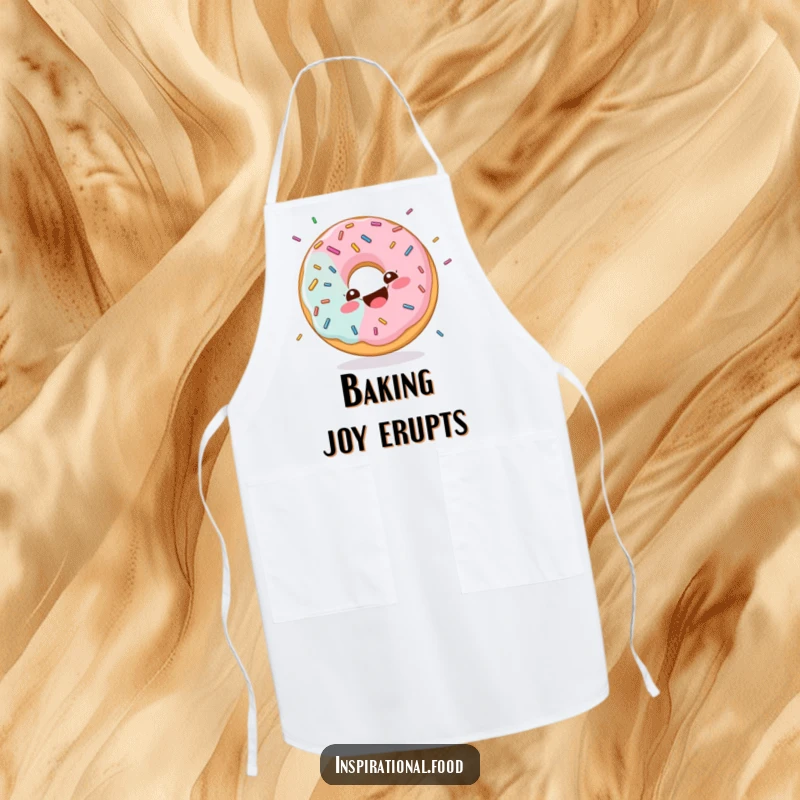 Funny apron showing a donut character with a happy swirl, giggling joyfully while being showered in sprinkles, perfect for bakers.