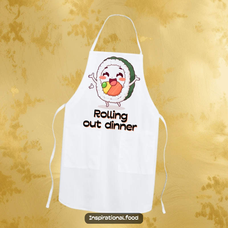 Funny sushi chef apron, a happy sushi roll character in a cheerful loop, ideal for home cooks who love Japanese cuisine and adding humor.