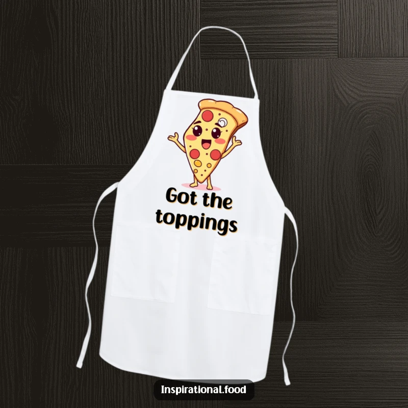 Funny apron with a proud pizza slice character showcasing toppings, ideal for pizza-making and kitchen adventures.