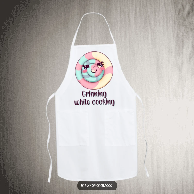 Funny candy swirl apron with a delighted, playful grin, perfect for keeping messes at bay with sweet candy humor.