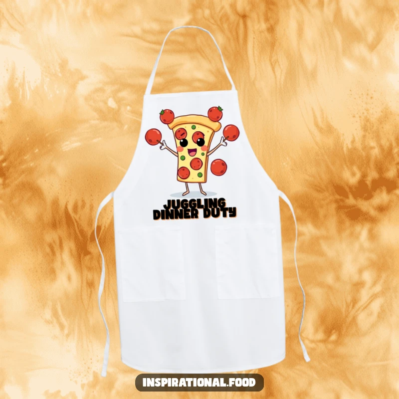 Funny apron with a pizza slice character juggling pepperoni, ideal for adding humor to cooking, baking, and pizza parties.
