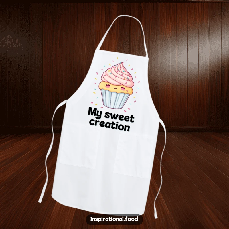 Funny apron depicting a joyful cupcake eager for a downpour of candy sprinkles, perfect for a fun baking experience.