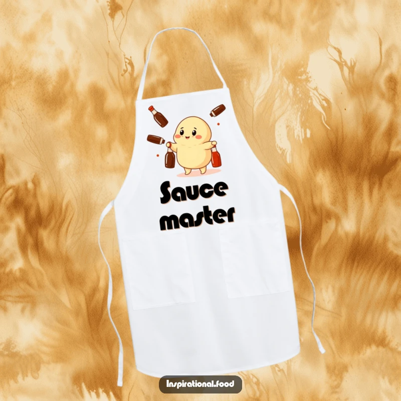 Funny dumpling character juggling miniature soy sauce bottles on a kitchen apron, ideal for chefs who love a laugh.