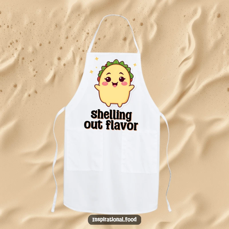 Funny taco chef apron, a happy taco character winking, ideal for home cooks who love tacos and adding humor to meal preparation.