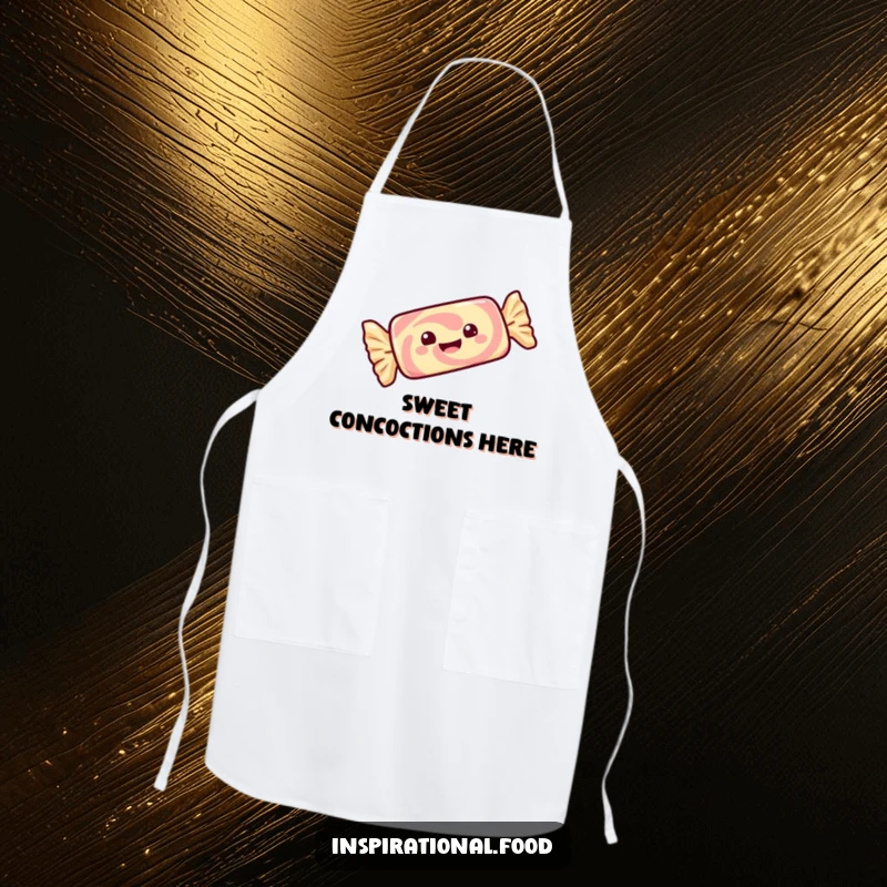 Funny cooking apron with a gleeful candy bar twirling with delight in its wrapper, adding sweetness to the kitchen.