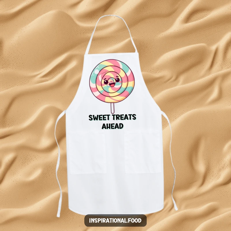 Funny Lollipop Apron showcasing a happy lollipop doing a cheerful spin with a vibrant swirling pattern, ideal for kitchen fun.
