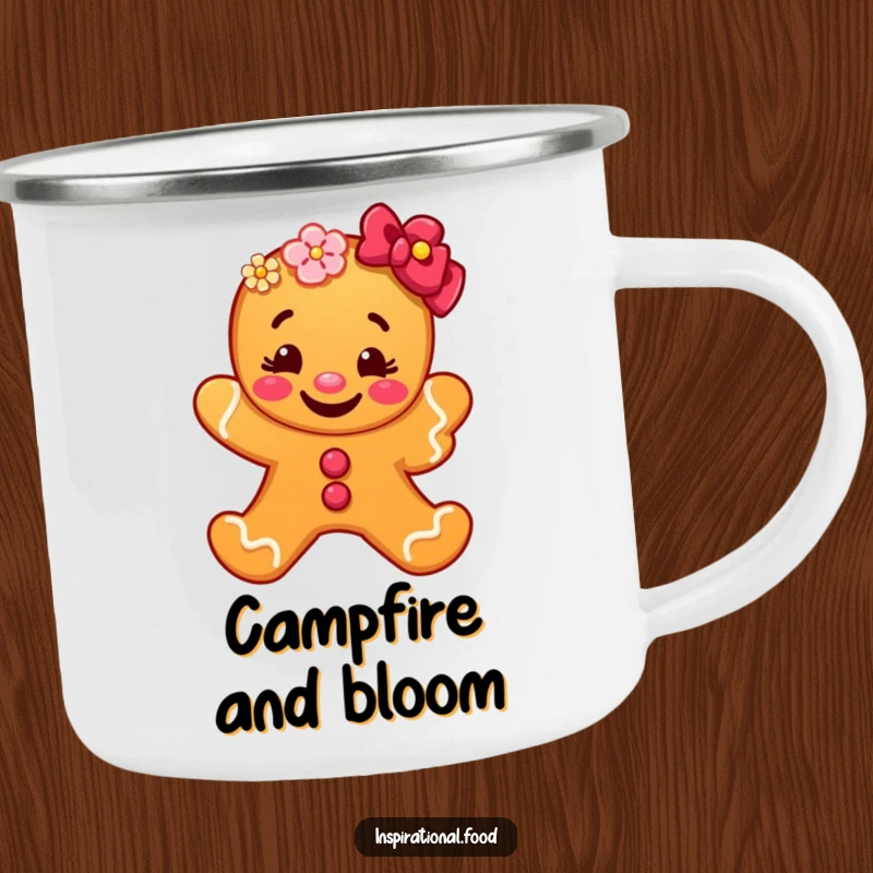 Funny gingerbread man camping mug with a grinning character offering a flower, ideal for outdoor drinks, adding humor to campfire mornings.