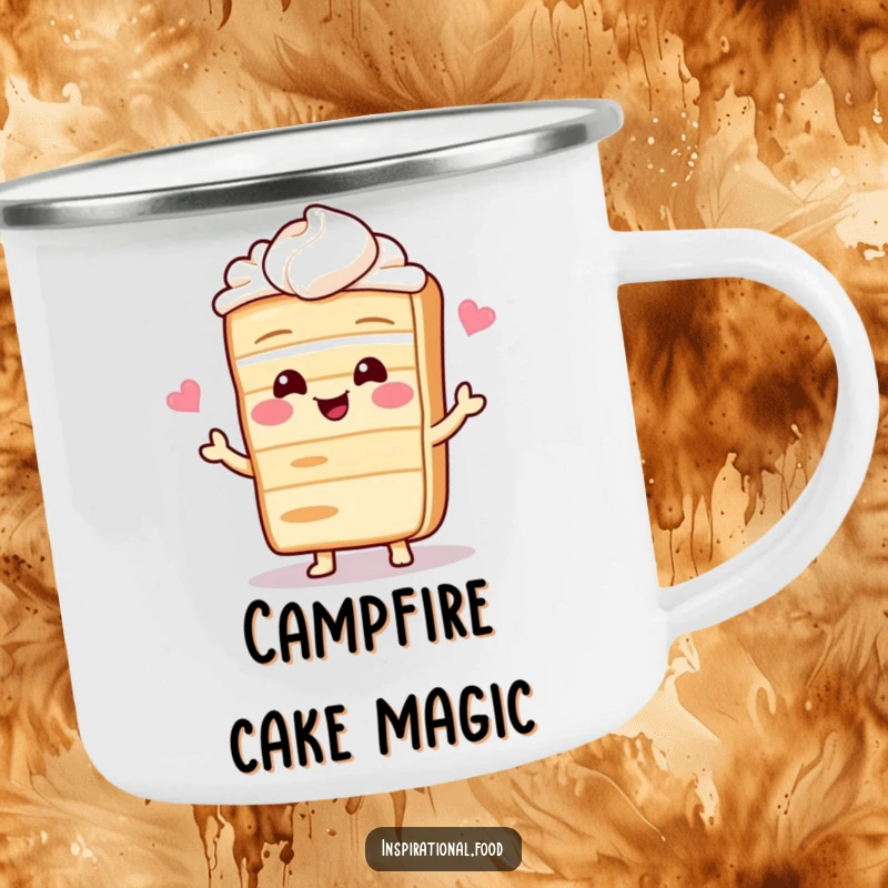 Funny camping mug with a giggling cake slice character sharing a recipe, perfect for enjoying warm drinks outdoors.
