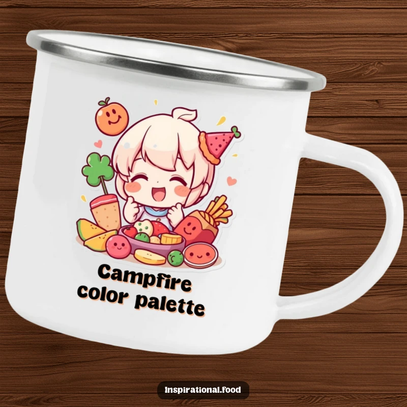 Funny camping mug with a happy character playfully arranging colorful food elements, ready for any creative adventure.