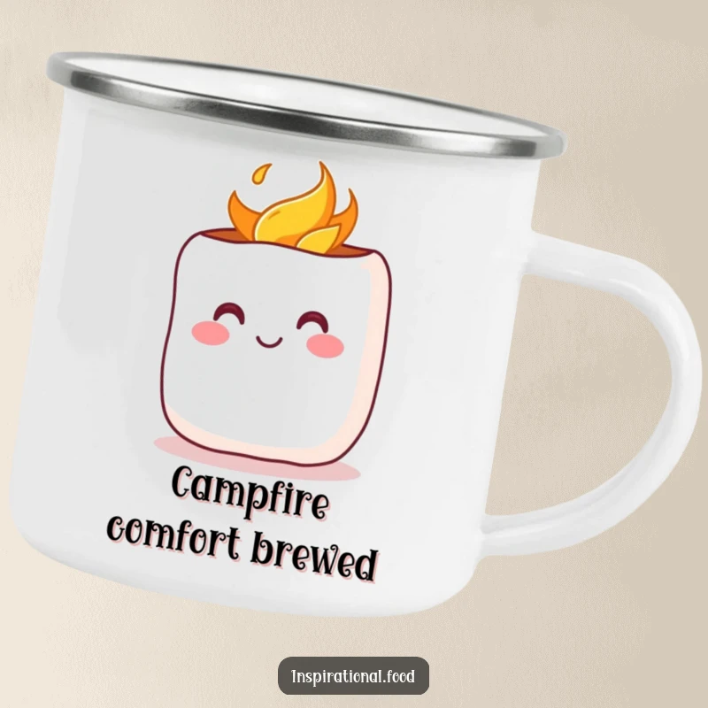 Funny Camping Mug: A cheerful marshmallow with a rosy blush being toasted, perfect for cozy sips during outdoor adventures.