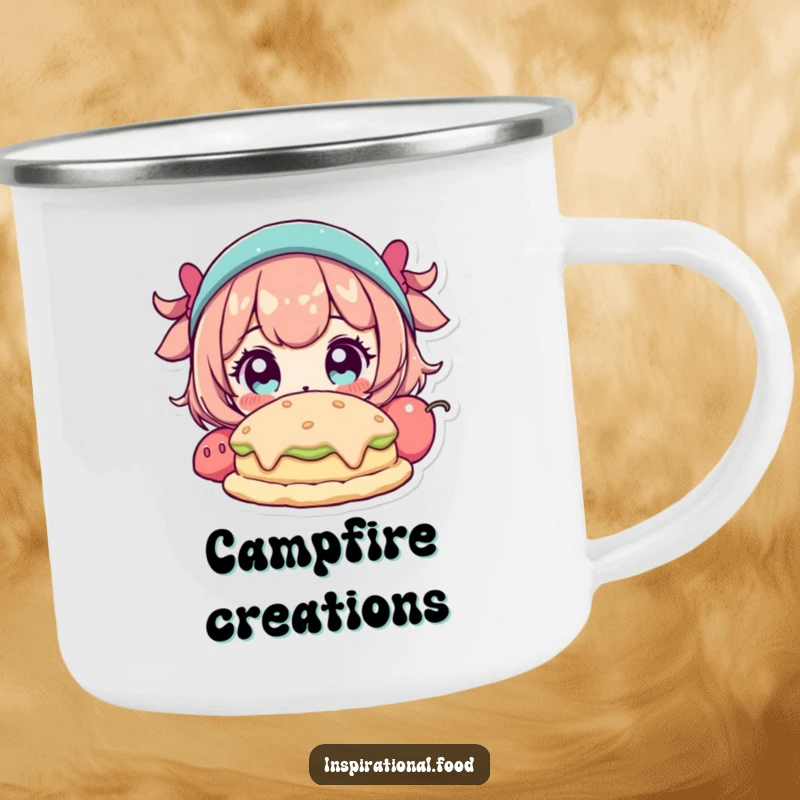Funny camping mug with a character with wide eyes gazing at a fantastical food creation, ready for any adventure.