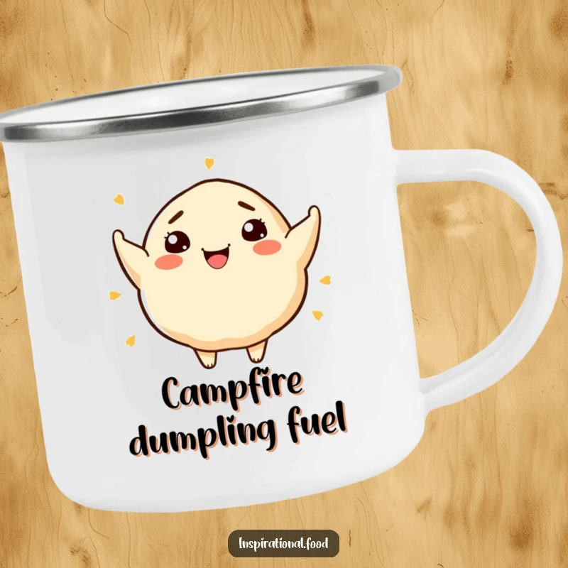 Funny camping mug featuring a smiling dumpling character bursting with artistic food ideas, perfect for outdoor enjoyment.