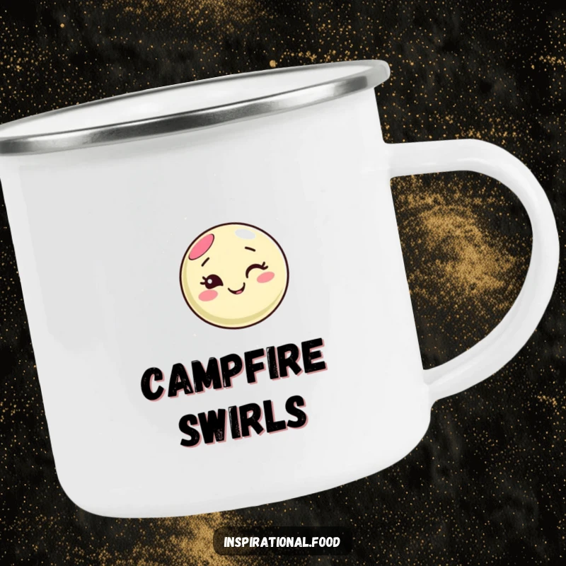 Funny macaron character camping mug, winking and creating swirls, perfect for outdoor drinks, adding sweet humor to any camping trip.