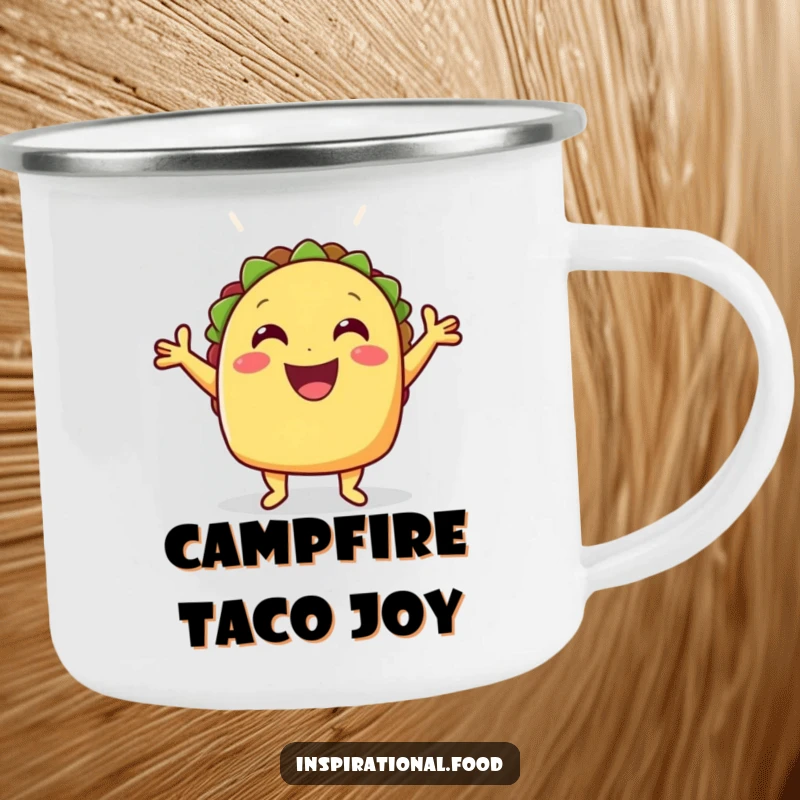 Funny cheerful taco with its shell open on a camping mug, bringing fiesta vibes to outdoor adventures.