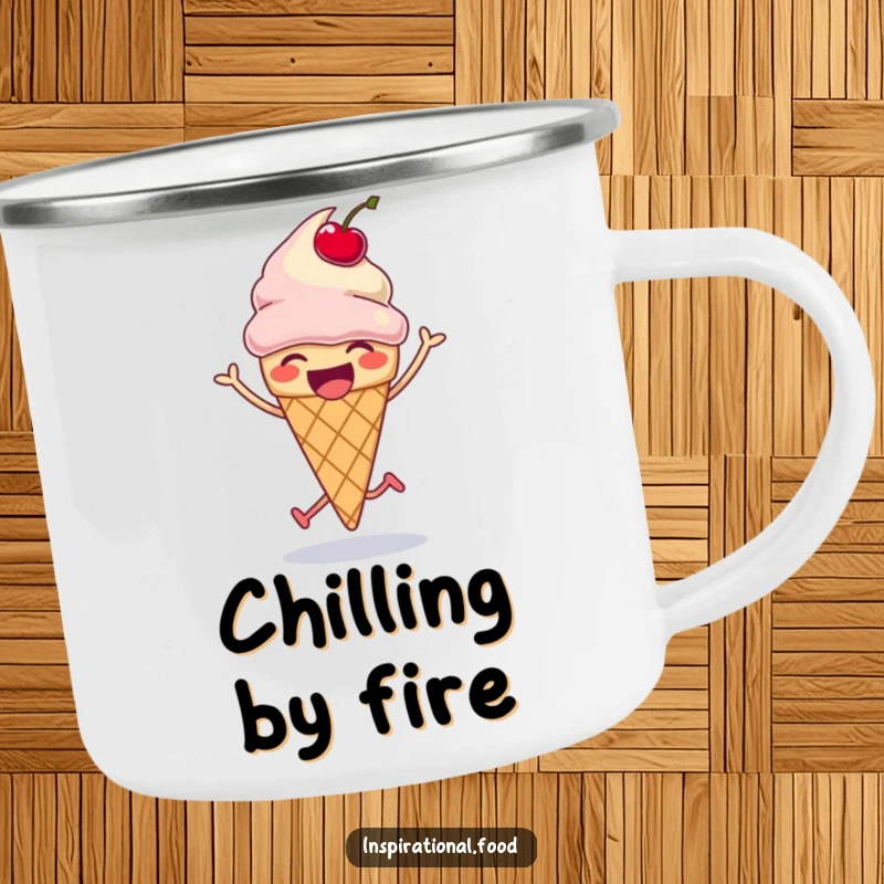 Funny ice cream cone camping mug, laughing and doing a silly hop with a bouncing cherry, for outdoor use, funny gift.